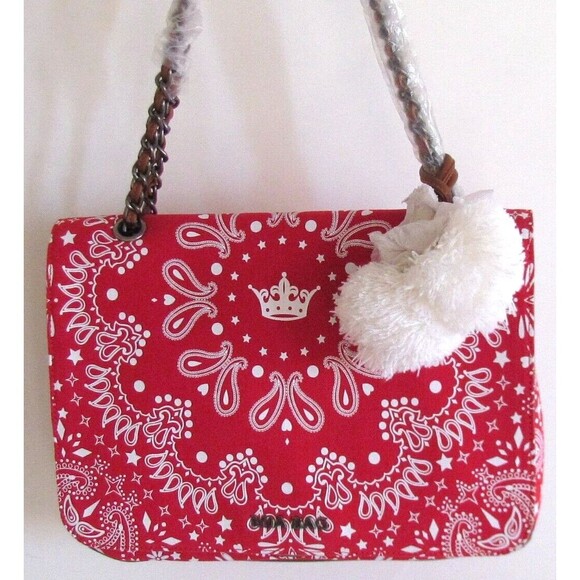 DESIGNER MIA BAG RED & WHITE BANDANA PRINT WHITE POM-POM CHARM CHAIN BAG - Picture 11 of 16